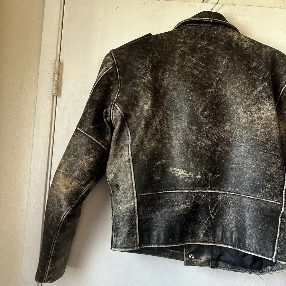 Vintage Harley Davidson Distressed Faded Black Leather Moto Jacket Men's Large